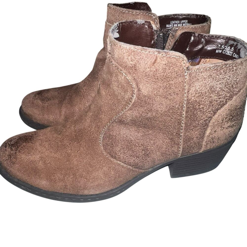 Born BOC Ankle Boot Womens Size 7.5 Brown Suede & Textured Leather Side Zip